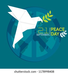 Banner International Day of Peace, 21 September. Vector illustration of white origami dove with olive branch.