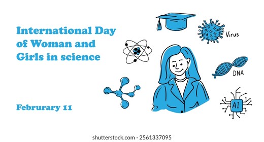 Banner for International Day of Women and Girls in Science with scientific symbols and female scientist isolated on white background. Vector hand drawn illustration with contour doodle drawing