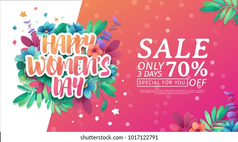 Banner for the International Happy Women's Day. Flyer for  sale March 8 with the decor of floral.  Design horiznotal Web offer with a pattern  flowers for advertising and discount. Vector.