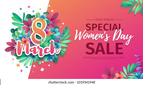 Banner for the International Happy Women's Day. Flyer for  sale March 8 with the decor of flowers.  Design Web offer with a pattern of spring  leaves and flowers for advertising and discount. Vector.