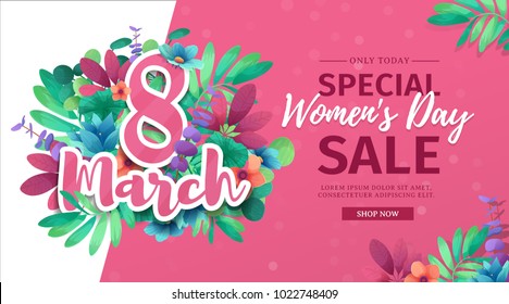 Banner for the International Happy Women's Day. Flyer for  sale March 8 with the decor of floral.  Design horiznotal Web offer with a pattern  flowers for advertising and discount. Vector.