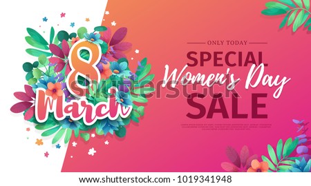 Banner for the International Happy Women's Day. Flyer for  sale March 8 with the decor of flowers.  Design Web offer with a pattern of spring  leaves and flowers for advertising and discount. Vector.