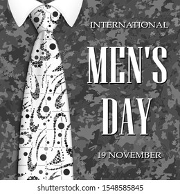 Banner International Men's Day. Monochrome classic tie with a pattern on a camouflage gray background. Congratulations on the holiday. Vector illustration.