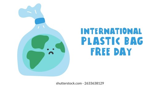 Banner. International plastic bag free day. Globe in a plastic bag. Flat illustration on white background.