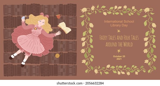 Banner International School Library Day. Alice girl flies against the background of books in a beautiful vintage pink dress. Vector illustration for a fairy tale.