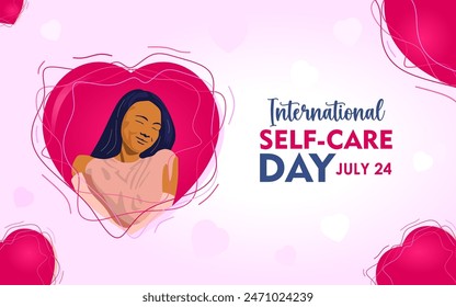 Banner for International Self Care Day. Beautiful girl with long hair is hugging herself in the shape of a heart. Self care, love yourself body positive icon or concept.