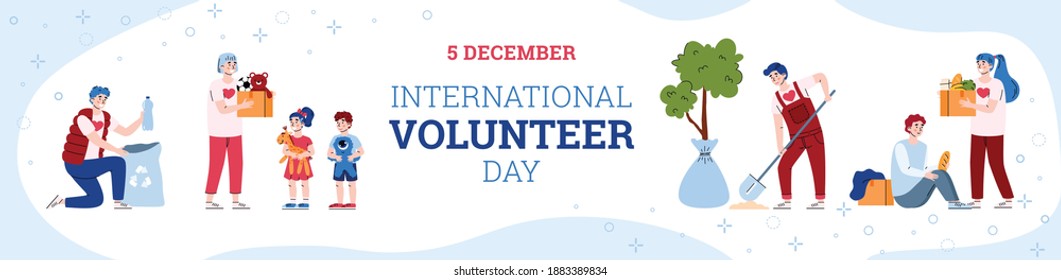 Banner for International volunteer day. Volunteering, donate, help for poor and homeless and care environment. People doing social charity activities. Vector illustration with text svg