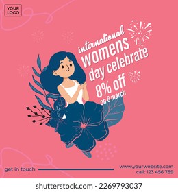 Banner for International Women Day. Colorful template for card, poster and social network.Strong and brave girls support each other. Cartoon flat vector illustration isolated on pink background