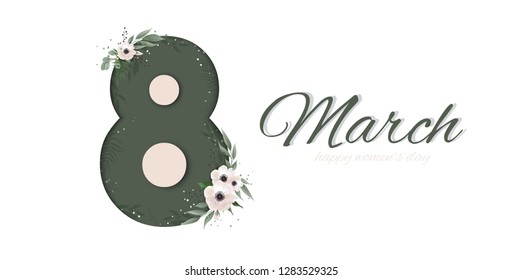 Banner for the International Women s Day. Greeting card for March 8 with spring plants, leaves and flowers.
