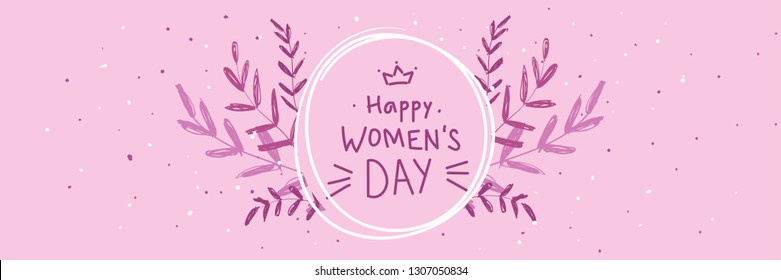 Banner for the International Women's Day, 8 March. Happy Mother's Day doodle. Pink White Floral and cute pink camera Greeting card. Happy Women's Day  Trendy Design Template holiday pink background.