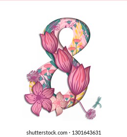 Banner for the International Women's Day. Flyer for March 8 with the decor of flowers. Invitations with the number 8 in the style of cut paper with a pattern of spring plants, leaves and flowers.
