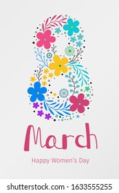 Banner for International Women's Day. Flyer for March 8 with flower decor. Invitation number 8 with a pattern of spring plants, leaves and flowers. Vector illustration