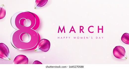 Banner for the International Women's Day. Flyer for March 8 with the decor of pink tulip petals. Vector illustration, eps 10