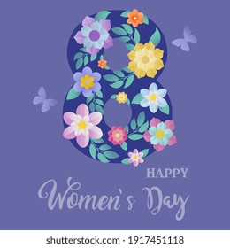 Banner for International Women's Day. Flyer for March 8 with flower decoration. Number 8  in cut paper style with spring plants, leaves and flowers