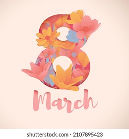 Cartel del Día Internacional de la Mujer. Volante para el 8 de marzo con decoración floral. Invitaciones con el número 8 en un estilo moderno con un patrón de plantas primaverales, hojas y flores. Vector.