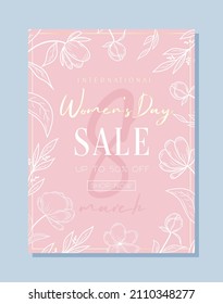 Banner for International Women's Day. Flyer for March 8 sale with floral decor. Design vertical web offer with a pattern of flowers for advertising and discounts. Vector.