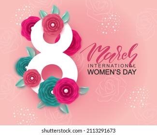 Banner for International Women's Day. A flyer for March 8 with a decor of flowers. Invitations with the number 8 in the style of cut paper with a pattern of spring plants, leaves and flowers.