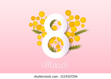 Banner for International Women's Day. Flyer for March 8 with a bouquet of mimosa. Invitations with number 8 in paper cut style. vector illustration