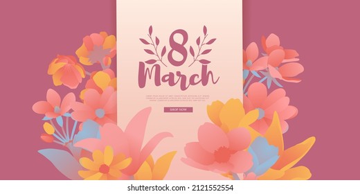 Banner for the International Women's Day. Flyer for March 8 with the decor of flowers. Invitations with the number 8 in the modern style with a pattern of spring plants, leaves and flowers. Vector.