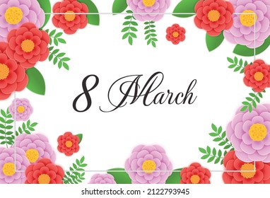 Banner for International Women's Day. Flyer for March 8 with flowers decor. Number 8 invitations in paper cut style using spring plants, leaves and flowers