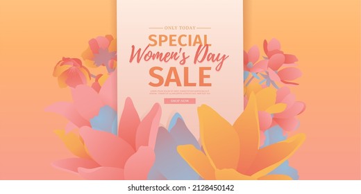 Banner for the International Women's Day. Flyer for March 8 with the decor of flowers. Invitations with the number 8 in the modern style with a pattern of spring plants, leaves and flowers. Vector.