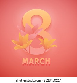 Banner for the International Women's Day. Flyer for March 8 with the decor of flowers. Invitations with the number 8 in the modern style with a pattern of spring plants, leaves and flowers. Vector.