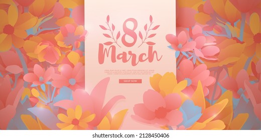 Banner for the International Women's Day. Flyer for March 8 with the decor of flowers. Invitations with the number 8 in the modern style with a pattern of spring plants, leaves and flowers. Vector.