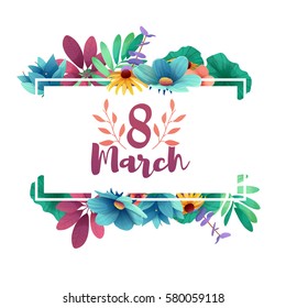 Banner for the International Women's Day. Flyer for March 8 with the decor of flowers. Invitations with the number 8 in the style of cut paper with a pattern of spring plants, leaves and flowers