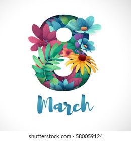 Cartel del Día Internacional de la Mujer. Volante para el 8 de marzo con decoración floral. Invitaciones con el número 8 en el estilo de papel cortado con un patrón de plantas primaverales, hojas y flores