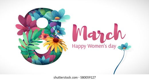 Banner for the International Women's Day. Flyer for March 8 with the decor of flowers. Invitations with the number 8 in the style of cut paper with a pattern of spring plants, leaves and flowers - Shutterstock ID 580059127