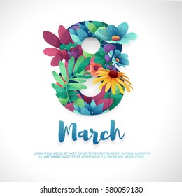 Banner for the International Women's Day. Flyer for March 8 with the decor of flowers. Invitations with the number 8 in the style of cut paper with a pattern of spring plants, leaves and flowers