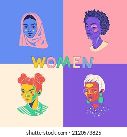 Banner for International Women's Day. Four female face types of different nationalities and appearances together. Friendship and sisterhood. Vector illustration