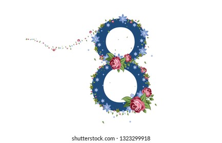 Banner for the International Women's Day. March 8 with the decor of flowers. Invitations with the number 8 in the style of cut paper with a pattern of spring plants, leaves and flowers - Vector