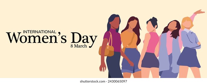 Banner for the International Women's Day. Modern Women of different nationalities in flat design style. Vector illustration