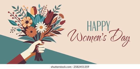 Banner for International Women's Day. Women's month, Mother's Day. Spring bouquet of wild flowers in a woman's hand. Vector flat illustration in dark top restrained colors with space for text