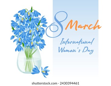 Banner for International Women's Day on March 8 with blue flowers snowdrops and an inscription on a white background. Vector illustration