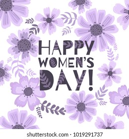 Banner of the International Women's Day. Postcard on March 8 with a decor of flowers, plants and leaves. Hand draw illustration.