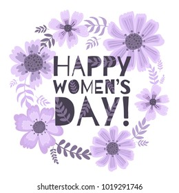 Banner of the International Women's Day. Postcard on March 8 with a decor of flowers, plants and leaves. Hand draw illustration.