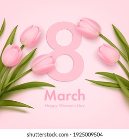 Banner for the international women's day with realistic tulips. Vector illustration - Shutterstock ID 1925009504