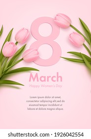 Banner for the international women's day with realistic tulips. Poster, flyer or greeting card design template. Vector illustration, eps 10