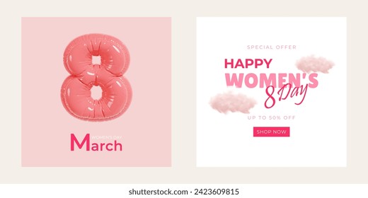 Banner for the International Womens Day. Sale banner, discount card. Happy Mother's Day. Decorative balloon number eight. Elegant Composition with realistic cloud. Vector poster