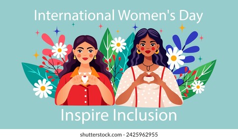 Banner for International Women's Day with slogan Inspire Inclusion. Background IWD 2024 campaign showing women of different nationalities showing a heart gesture with their hands. Vector illustration.