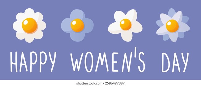 Banner for International Women's Day with text, blue, light blue flowers on a blue background. Flyer, postcard, banner for March 8 with flowers and spring decor.