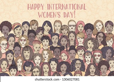 Banner for international women's day    variety women's faces from all over the world  diverse group hand drawn women