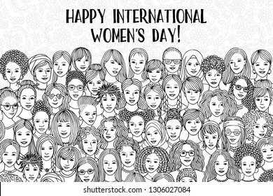 Banner for international women's day    variety women's faces from all over the world  diverse group hand drawn women