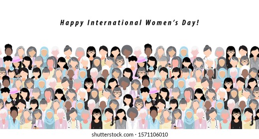 Banner For International Women's Day - A Variety Of Women's Faces From All Over The World, A Diverse Group Of Woman And Flat Icon Design Vector