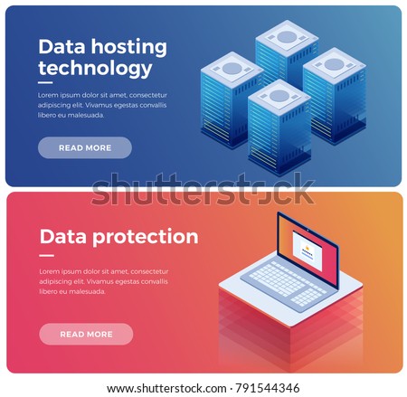 Banner. Internet equipment industry. Data transmission technology and data protection. Illustration of network telecommunication server. Protecting your personal information. 3d isometric flat design.