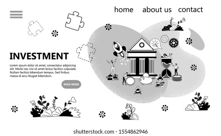 Banner Investment concept Monochrome black and white Vector illustration of Tiny people near the Bank building collect coins, put in a piggy Bank, explore the market.