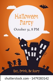 Banner, invitation, background design with full moon, clouds, haunted house, kids in costumes, flying bats, text Halloween Party. Hand drawn vector illustration. Holiday decor concept. Flat style.
