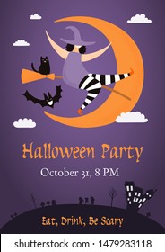Banner, invitation, background design with night sky, crescent moon, house, funny witch, black cat, flying bat, text Halloween Party. Hand drawn vector illustration. Holiday decor concept. Flat style.